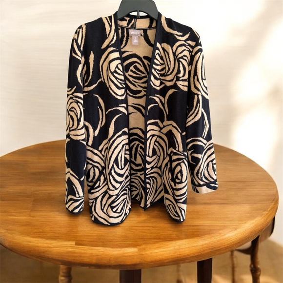 Chico's Sweaters - Chico's Black and Cream Rose Pattern Cardigan